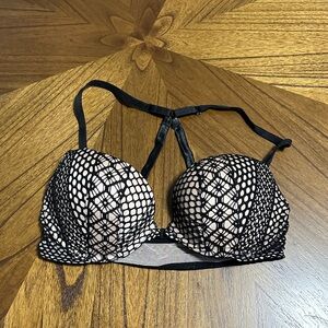Victoria's Secret Black Lace Overlay Push-Up Bra with Nude Underlay